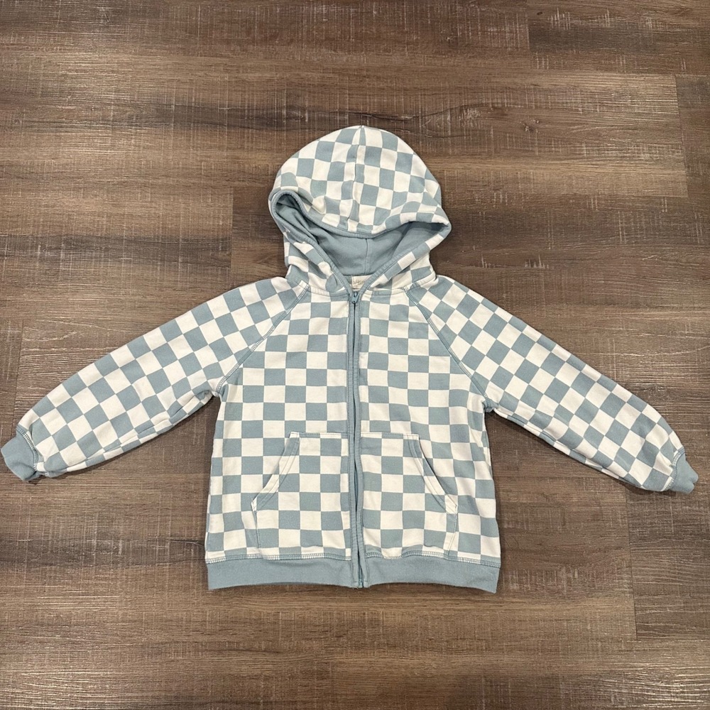 Angel Dear Organic Cotton Kids Checkerboard Zip Up Hoodie Blue White 4T Unisex